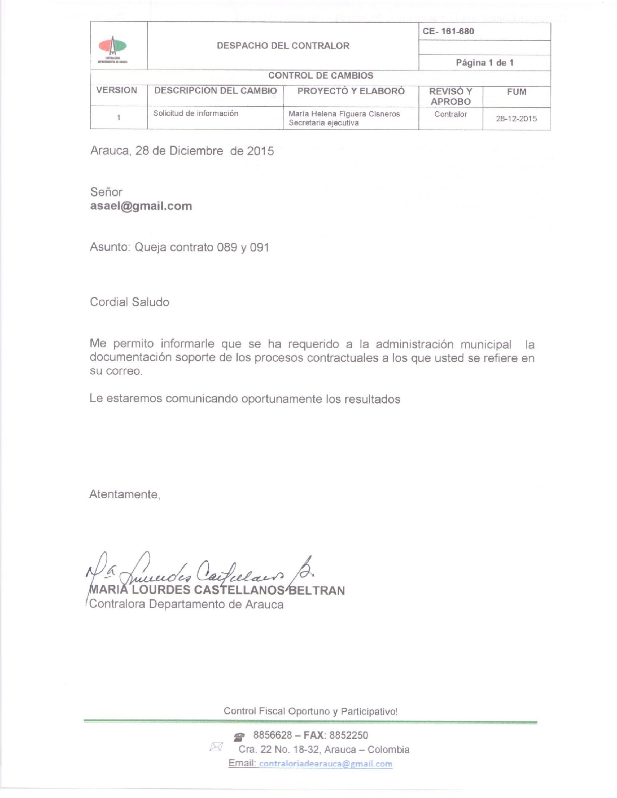 Respuesta a queja contratos 089 y 091 municipio de Saravena